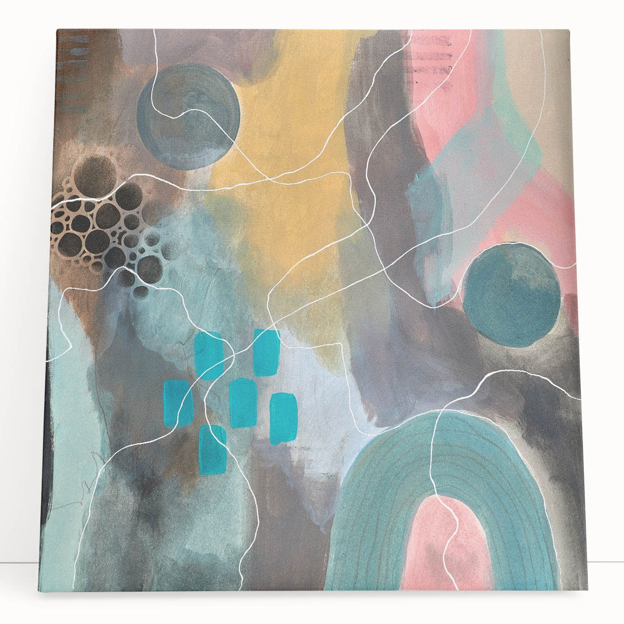 Modern Abstract Painting – Elegant Canvas in Teal, Gold & Soft Pink