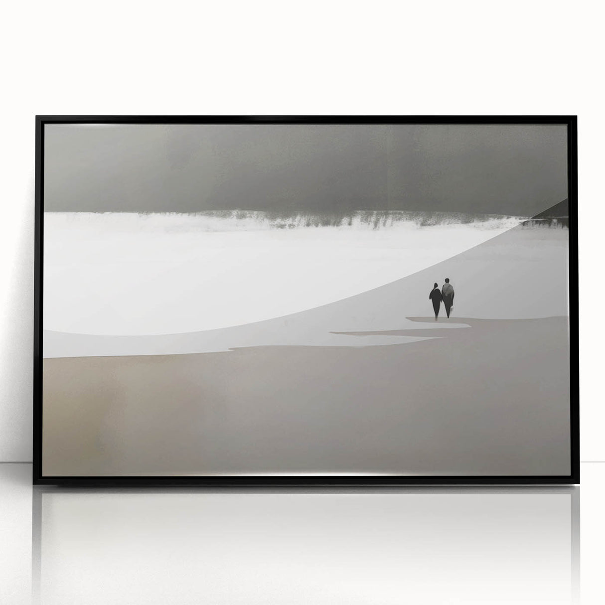Black and White Minimalist Landscapes – Couple Walking on Shoreline
