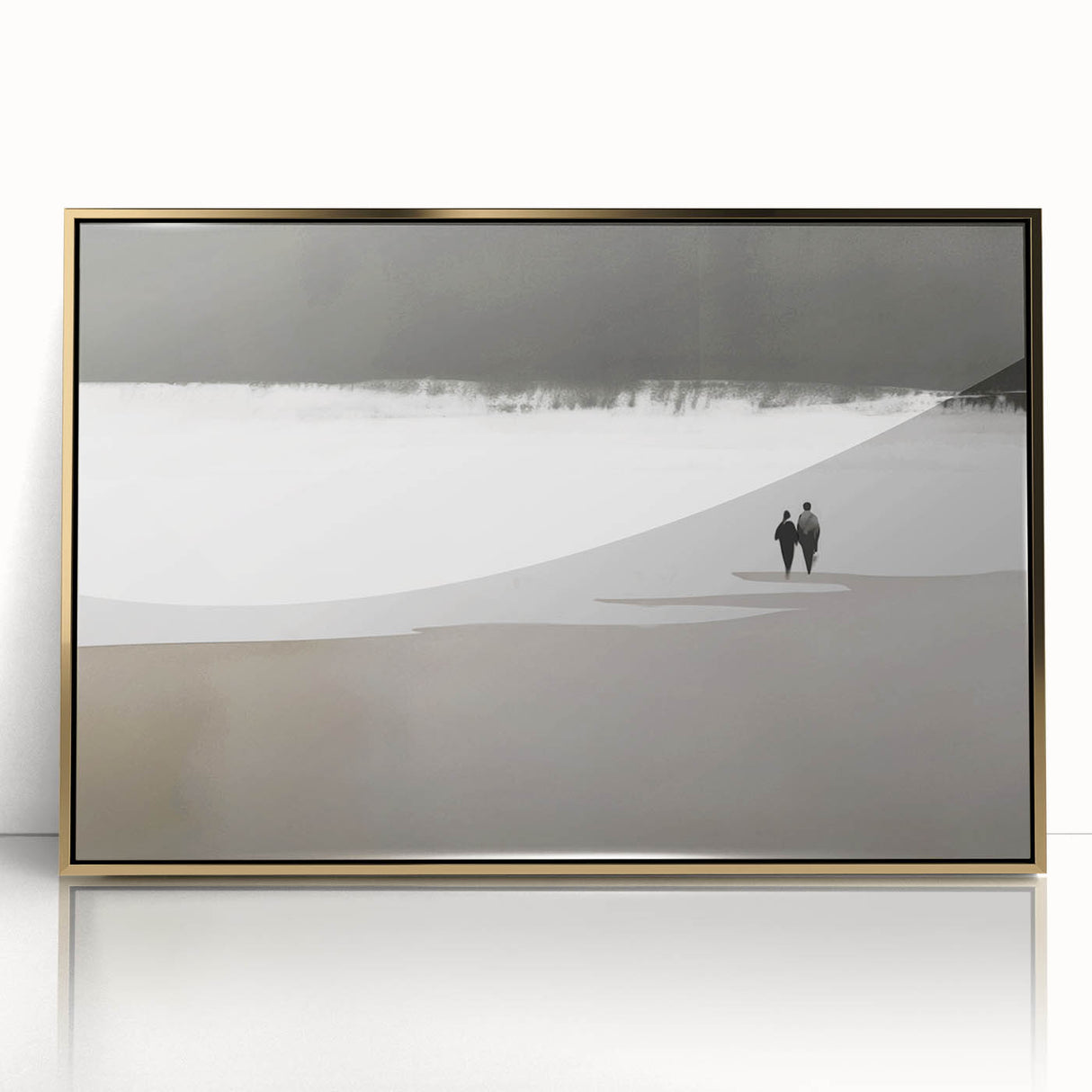 Black and White Minimalist Landscapes – Couple Walking on Shoreline