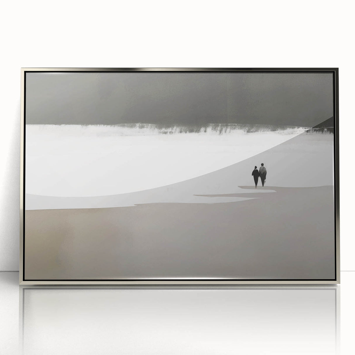 Black and White Minimalist Landscapes – Couple Walking on Shoreline