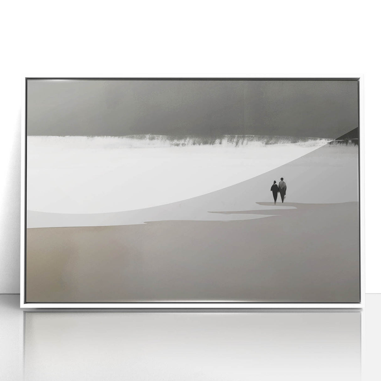 Black and White Minimalist Landscapes – Couple Walking on Shoreline