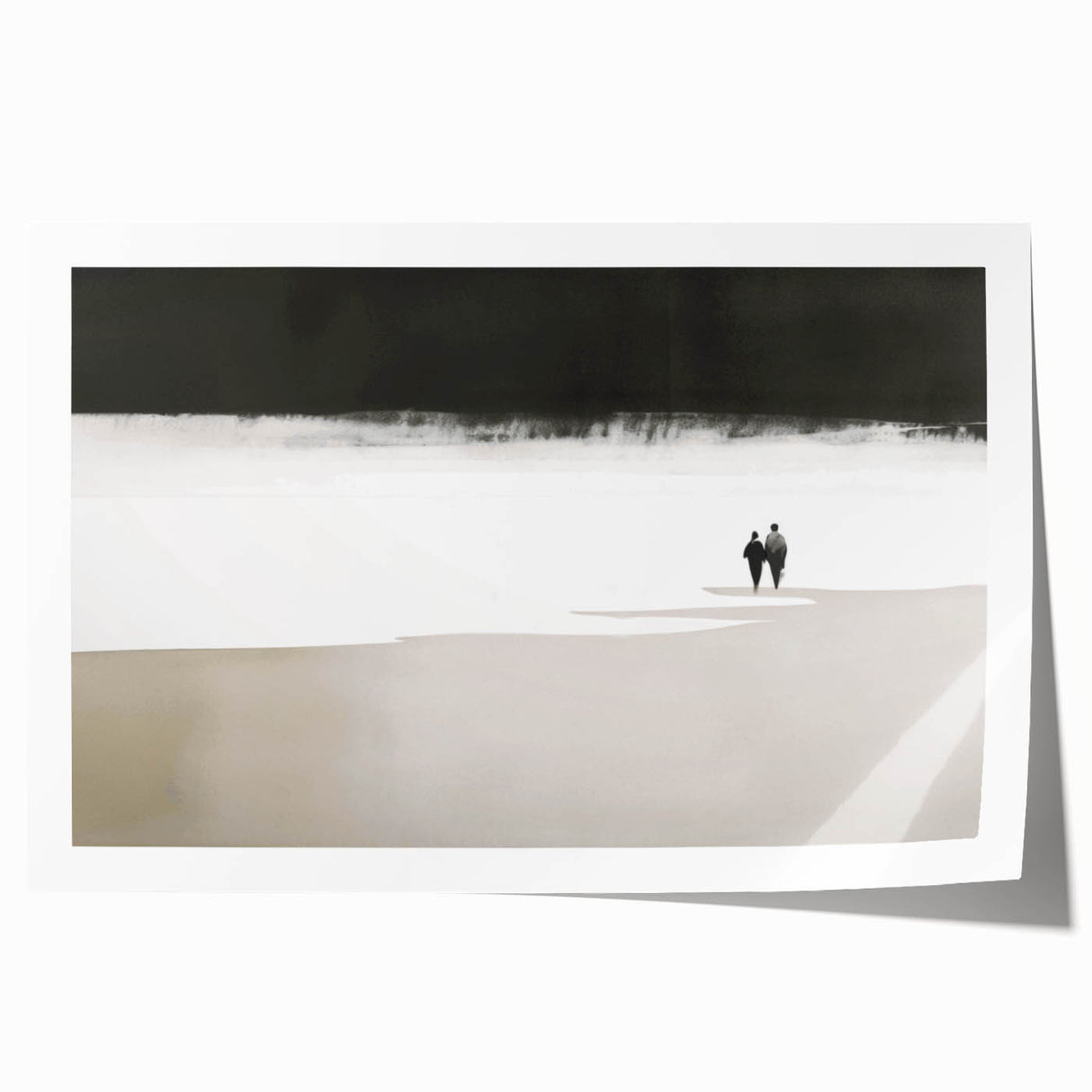 Black and White Minimalist Landscapes – Couple Walking on Shoreline
