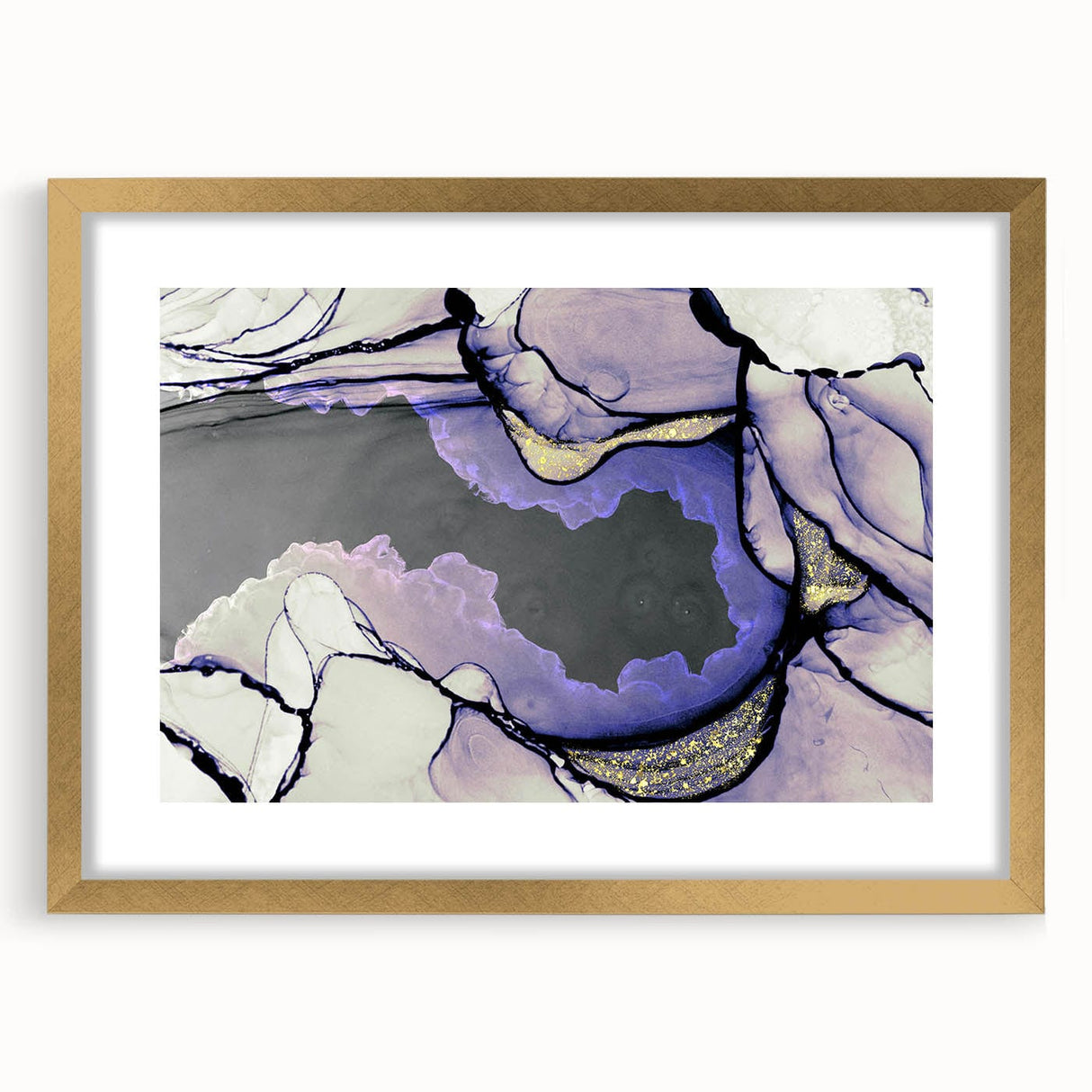 Contemporary Fluid Art Piece – Lilac & Gold Ink Style Canvas