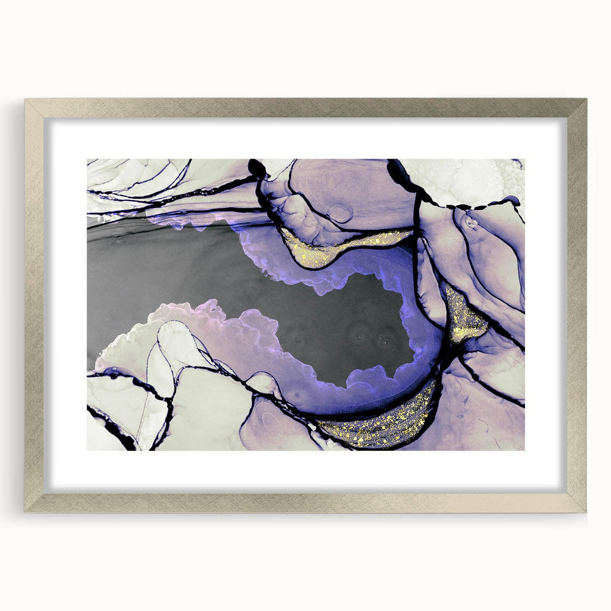 Contemporary Fluid Art Piece – Lilac & Gold Ink Style Canvas