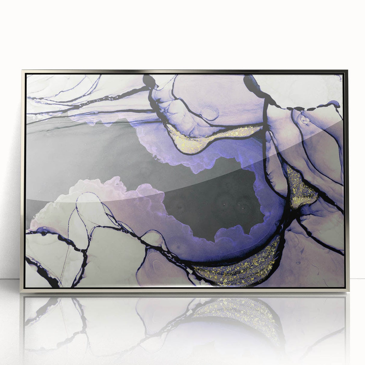 Contemporary Fluid Art Piece – Lilac & Gold Ink Style Canvas