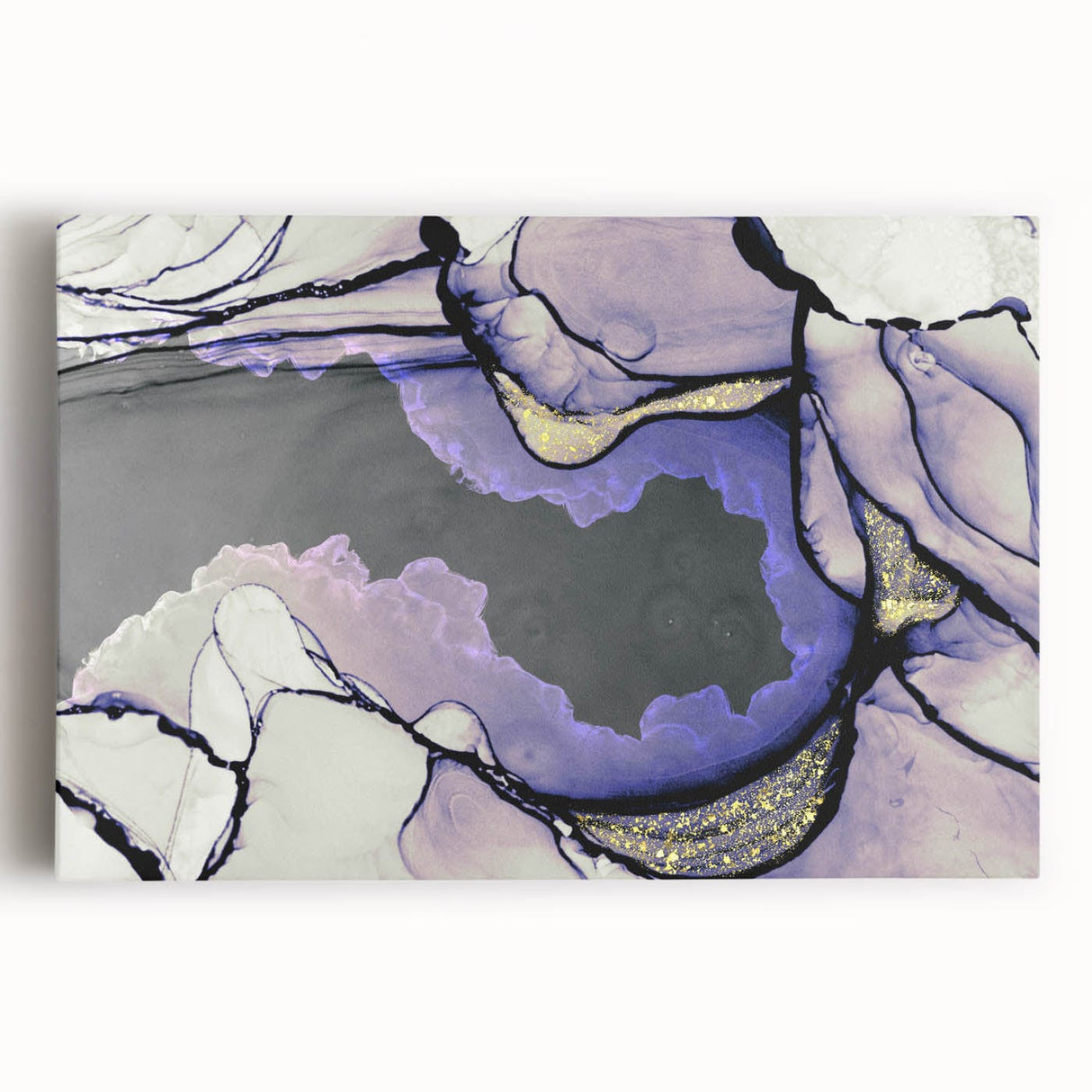 Contemporary Fluid Art Piece – Lilac & Gold Ink Style Canvas