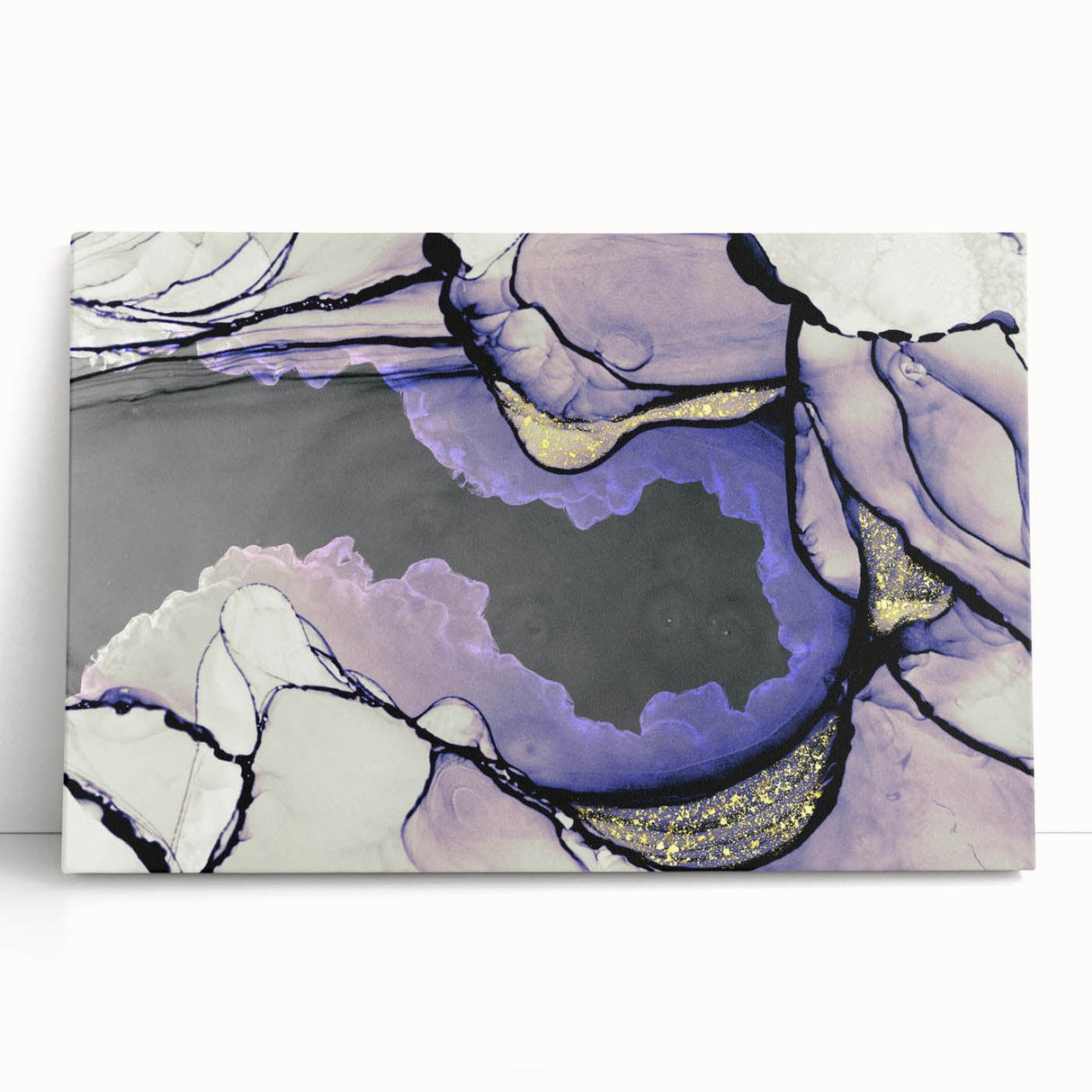 Contemporary Fluid Art Piece – Lilac & Gold Ink Style Canvas