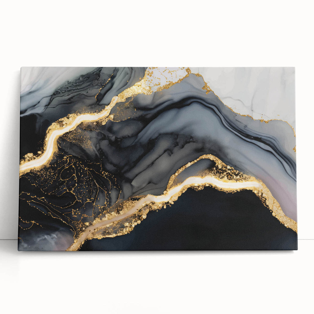 Luxury Abstract Wall Art – Black, Gray & Gold Stretched Canvas