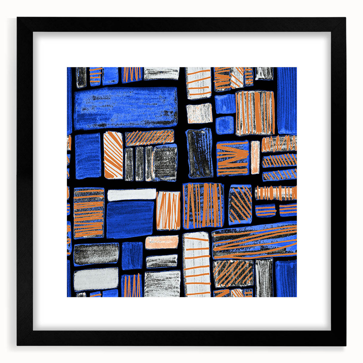 Earthen Harmony Abstracts – Geometric Blue and Orange Wall Art Print