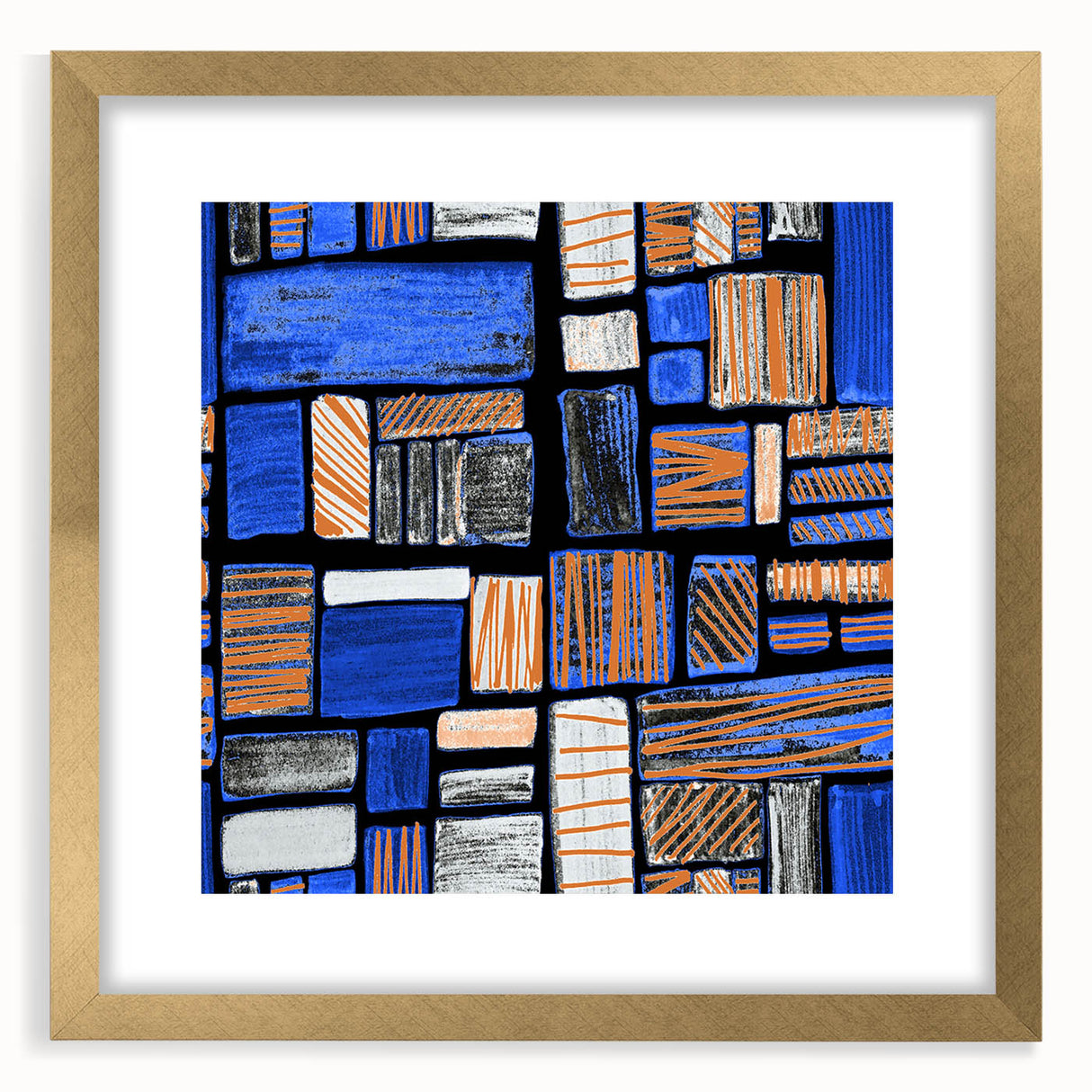 Earthen Harmony Abstracts – Geometric Blue and Orange Wall Art Print