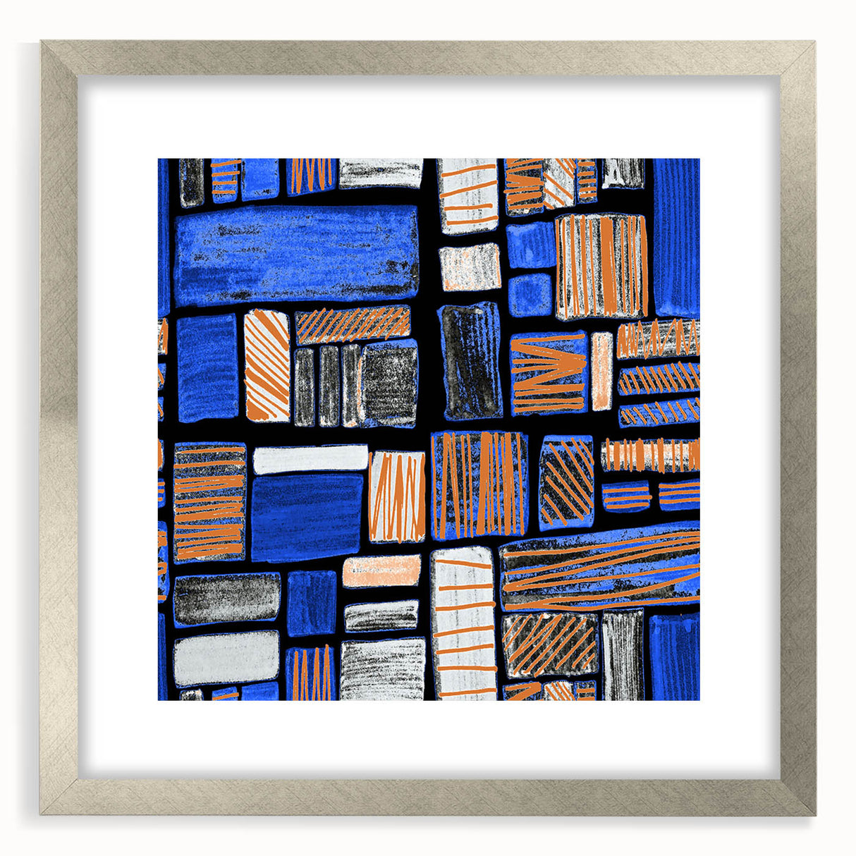 Earthen Harmony Abstracts – Geometric Blue and Orange Wall Art Print