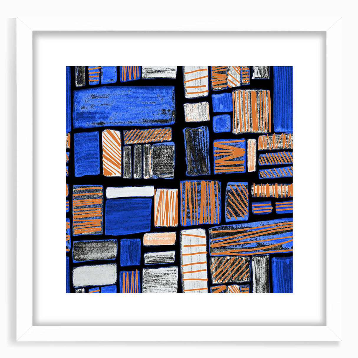 Earthen Harmony Abstracts – Geometric Blue and Orange Wall Art Print