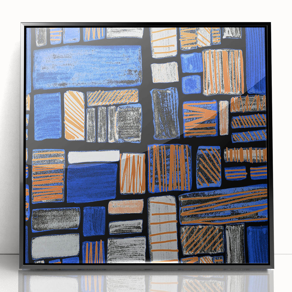 Earthen Harmony Abstracts – Geometric Blue and Orange Wall Art Print
