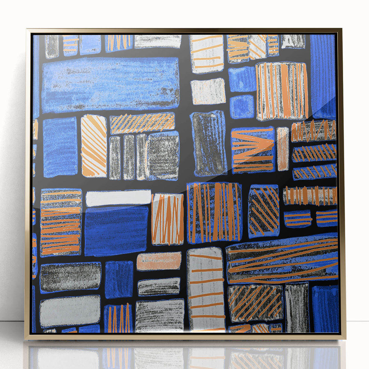Earthen Harmony Abstracts – Geometric Blue and Orange Wall Art Print