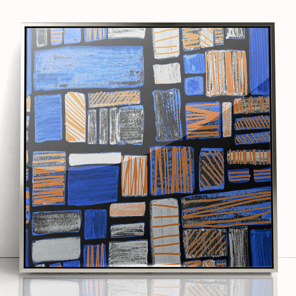 Earthen Harmony Abstracts – Geometric Blue and Orange Wall Art Print