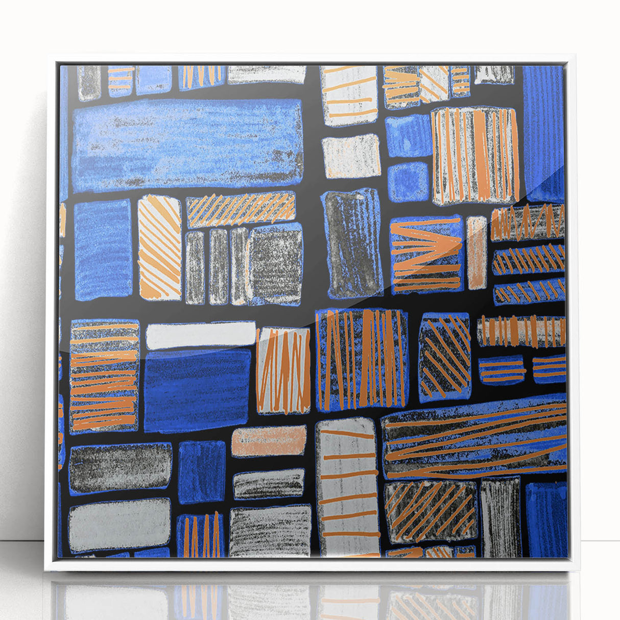 Earthen Harmony Abstracts – Geometric Blue and Orange Wall Art Print