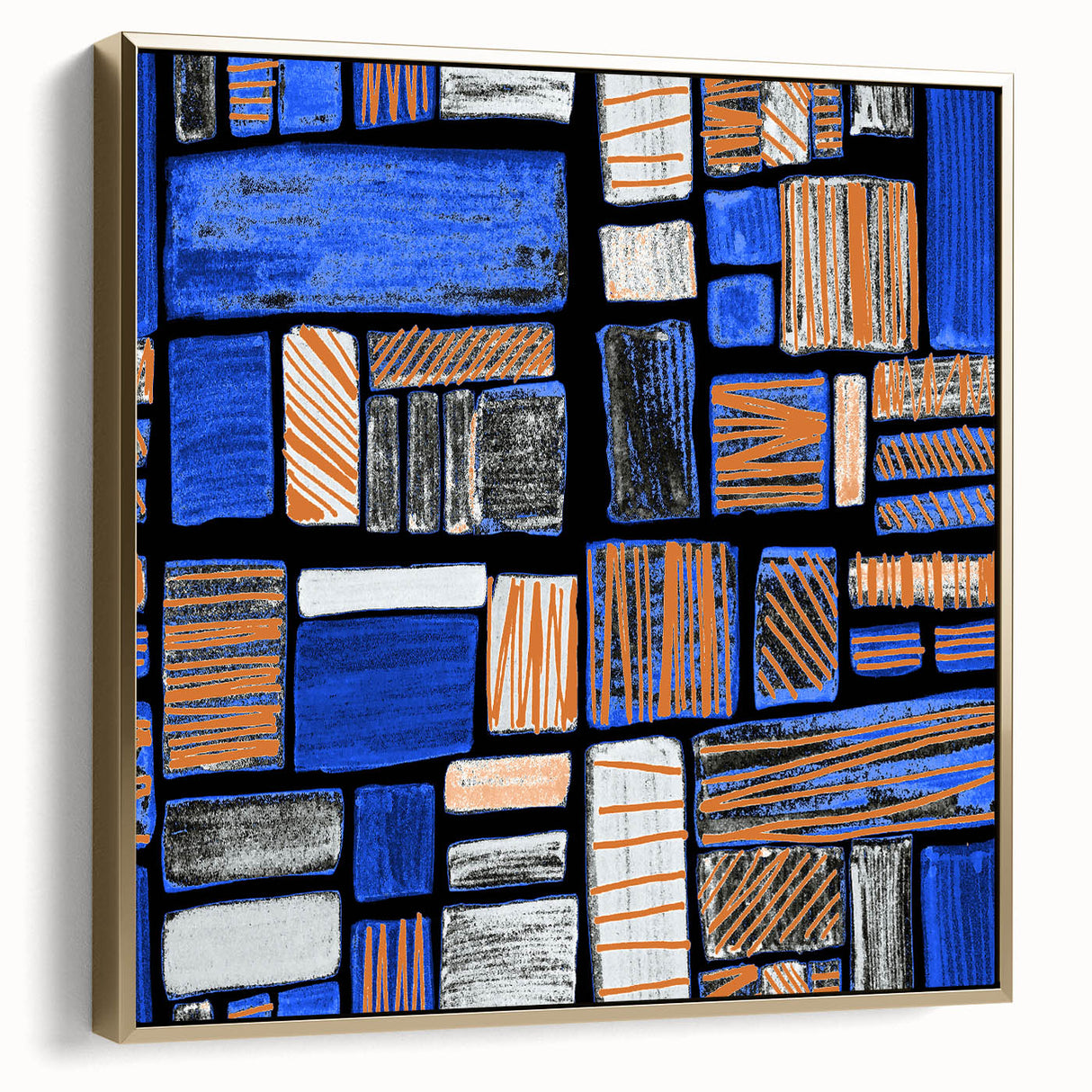 Earthen Harmony Abstracts – Geometric Blue and Orange Wall Art Print