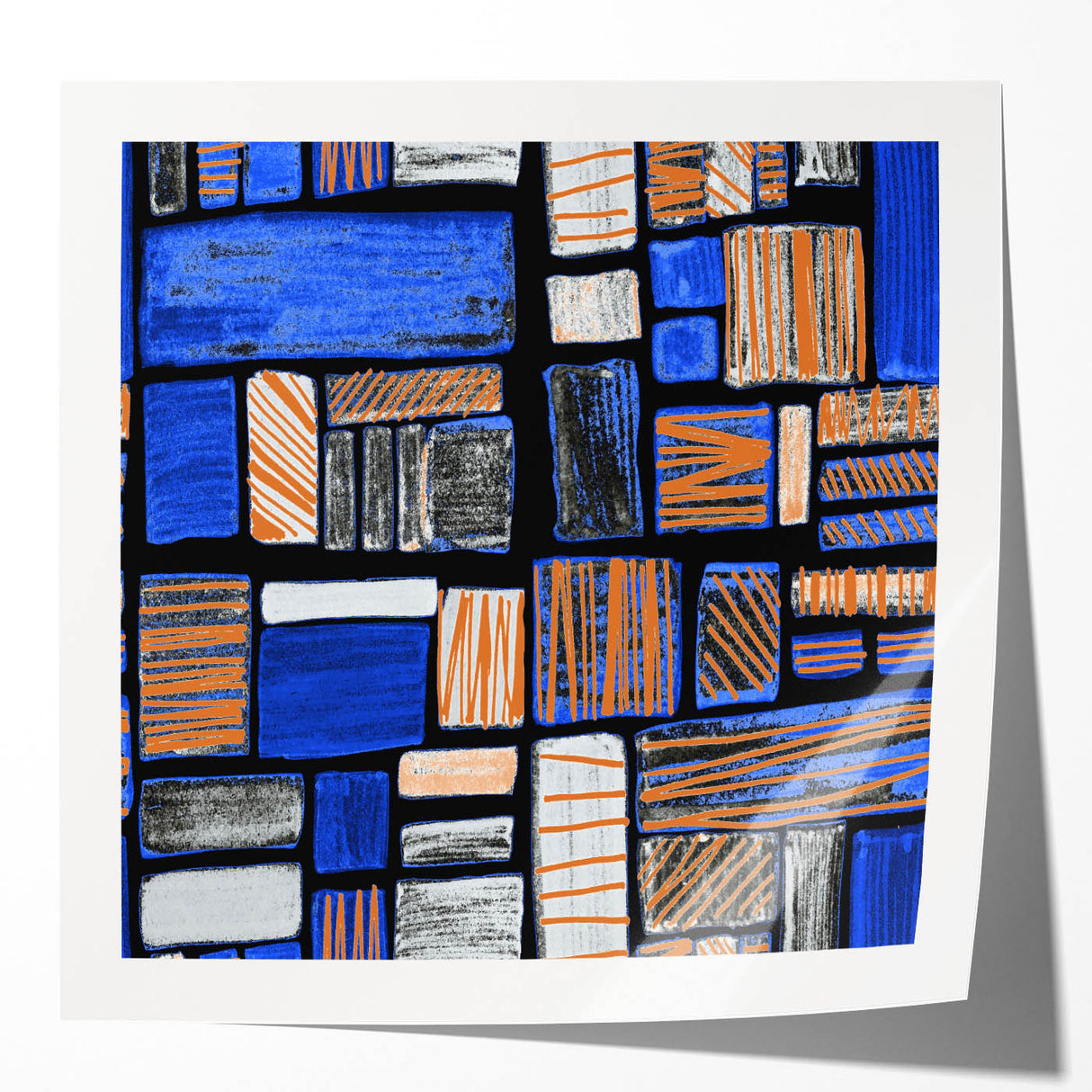 Earthen Harmony Abstracts – Geometric Blue and Orange Wall Art Print