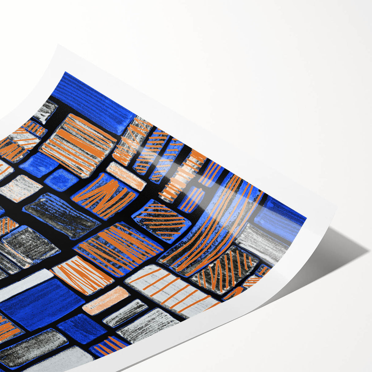 Earthen Harmony Abstracts – Geometric Blue and Orange Wall Art Print
