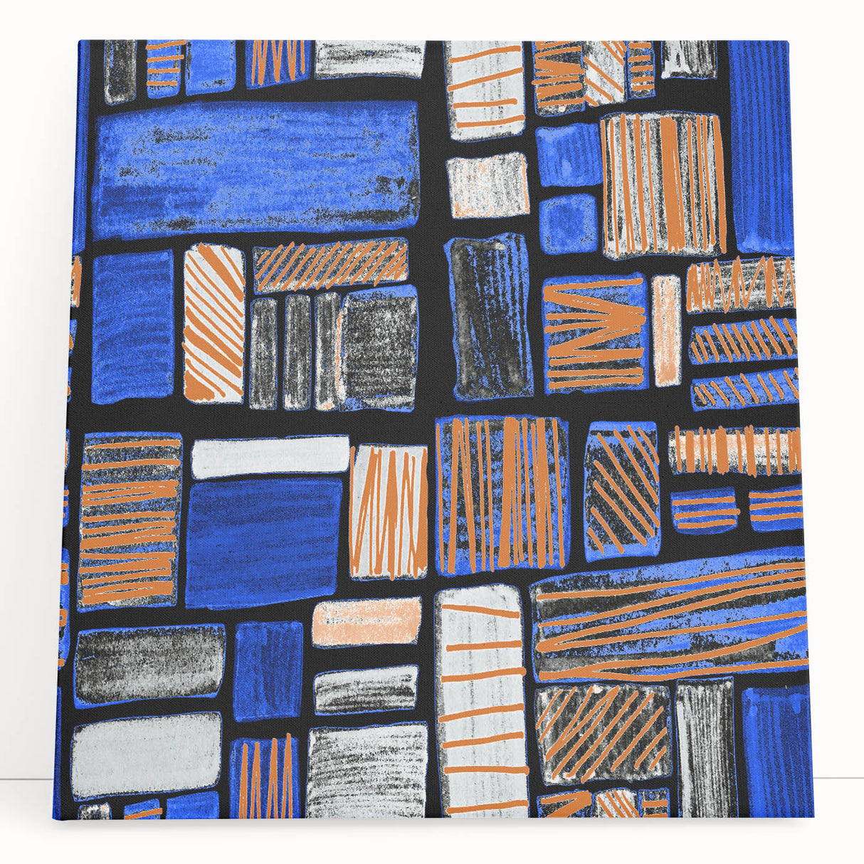 Earthen Harmony Abstracts – Geometric Blue and Orange Wall Art Print