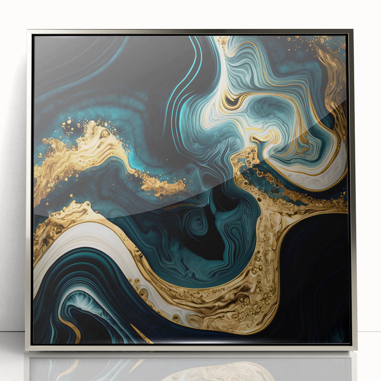 Modern Luxury Abstract Painting – Teal, Gold & Black Wall Art