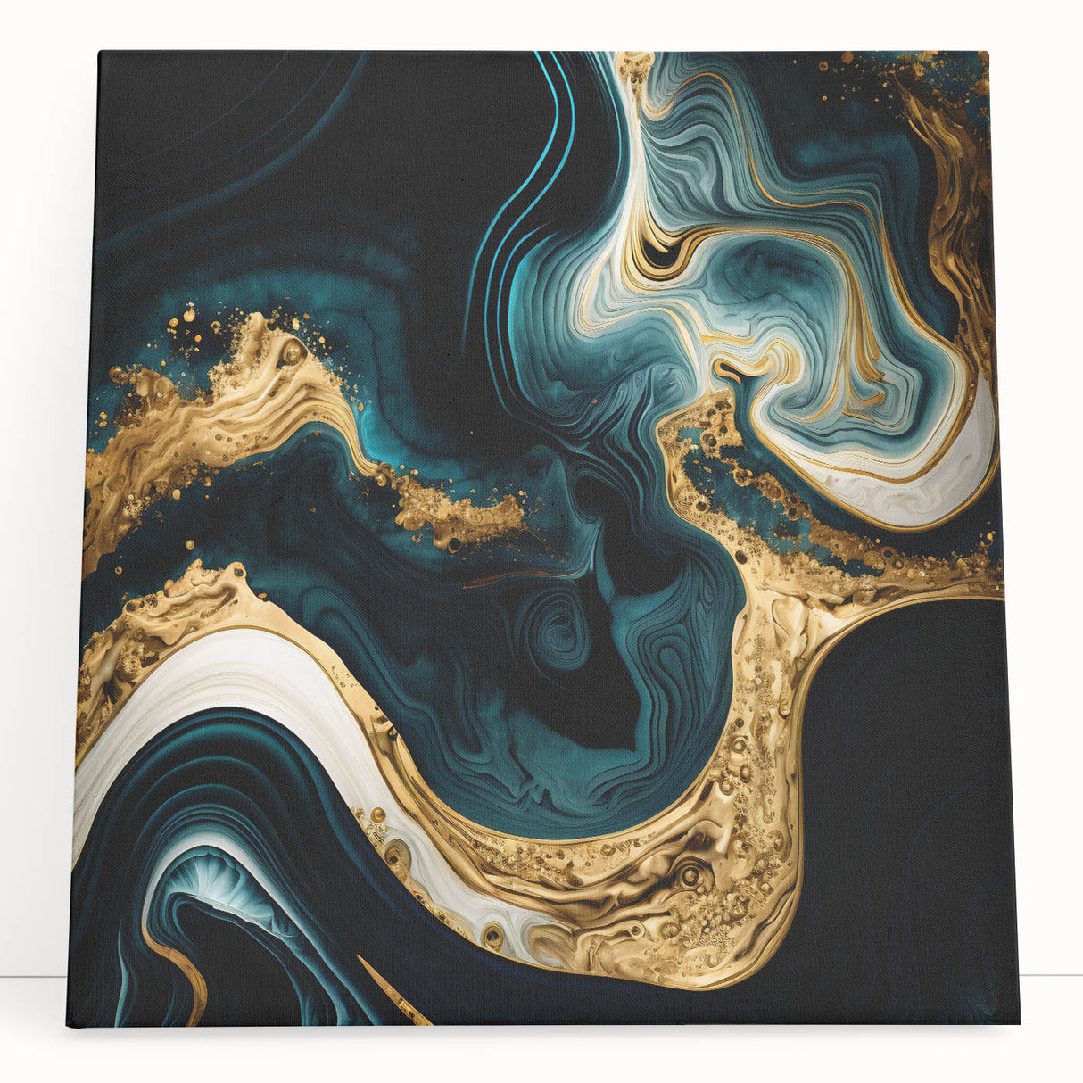 Modern Luxury Abstract Painting – Teal, Gold & Black Wall Art