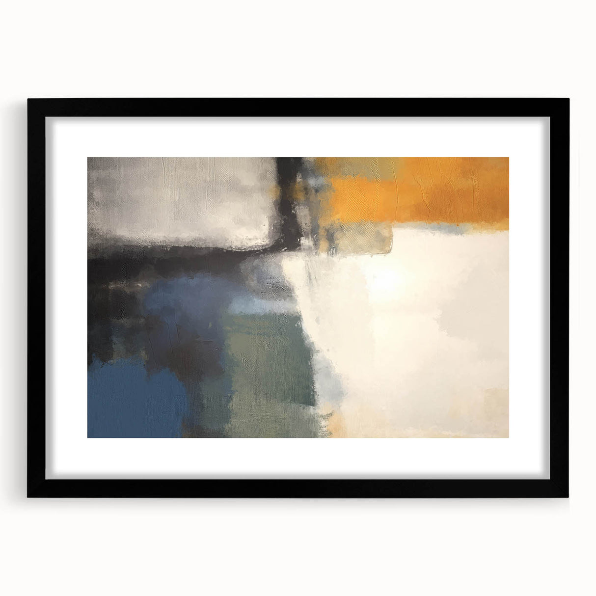 Contemporary Framed Abstract Art – Yellow, Gray, and Deep Blue Form