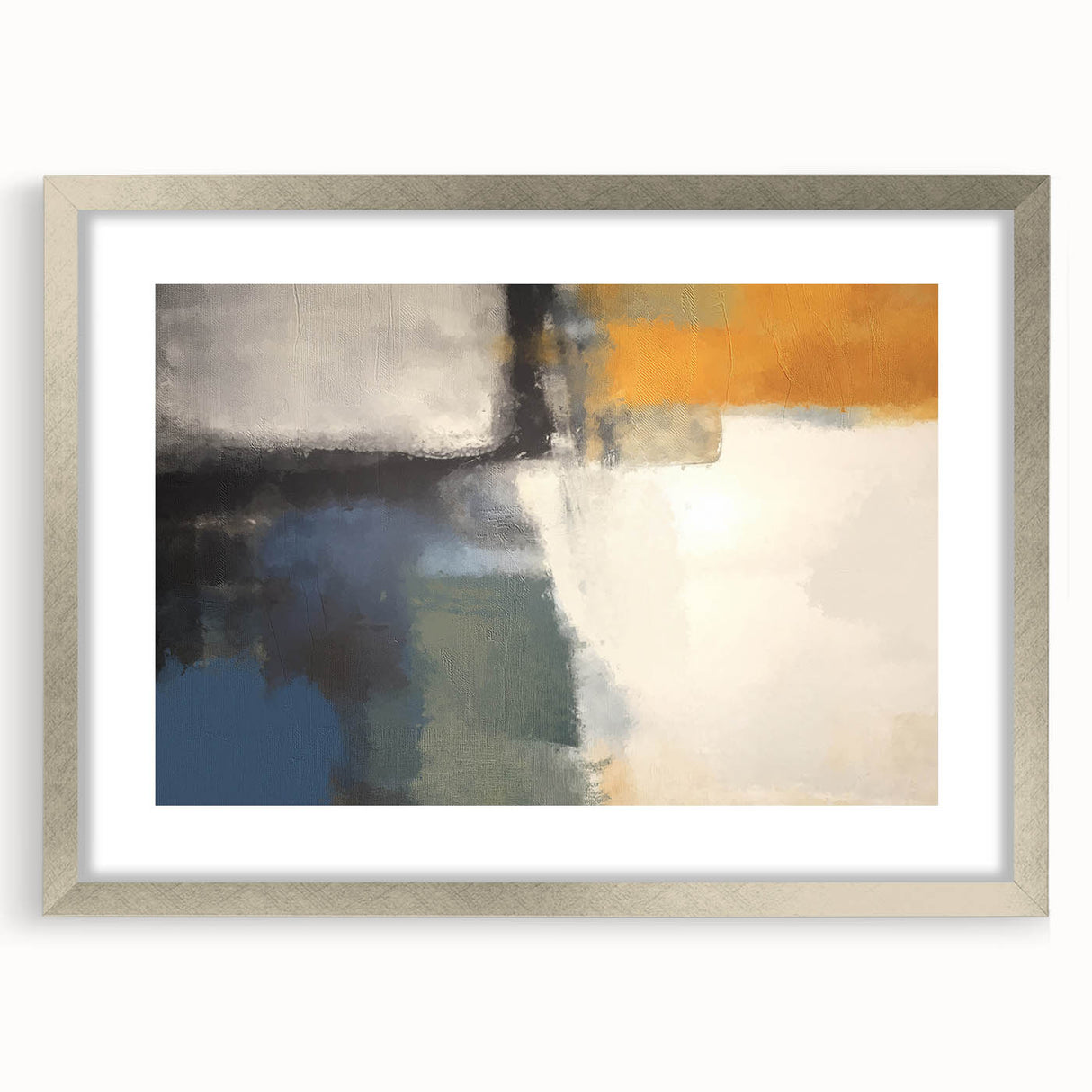 Contemporary Framed Abstract Art – Yellow, Gray, and Deep Blue Form