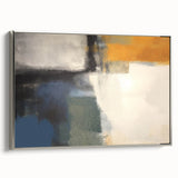 Contemporary Framed Abstract Art – Yellow, Gray, and Deep Blue Form