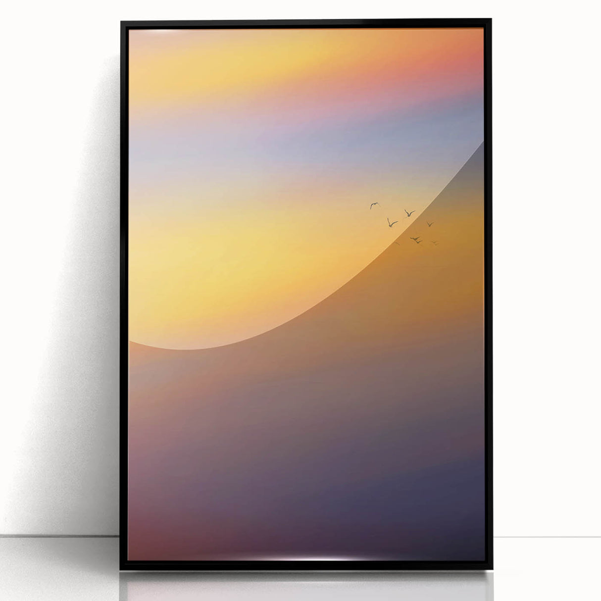 Abstract Minimalist Landscape Paintings – Birds in Sunset Gradient Sky