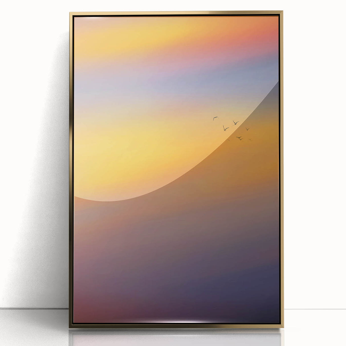 Abstract Minimalist Landscape Paintings – Birds in Sunset Gradient Sky