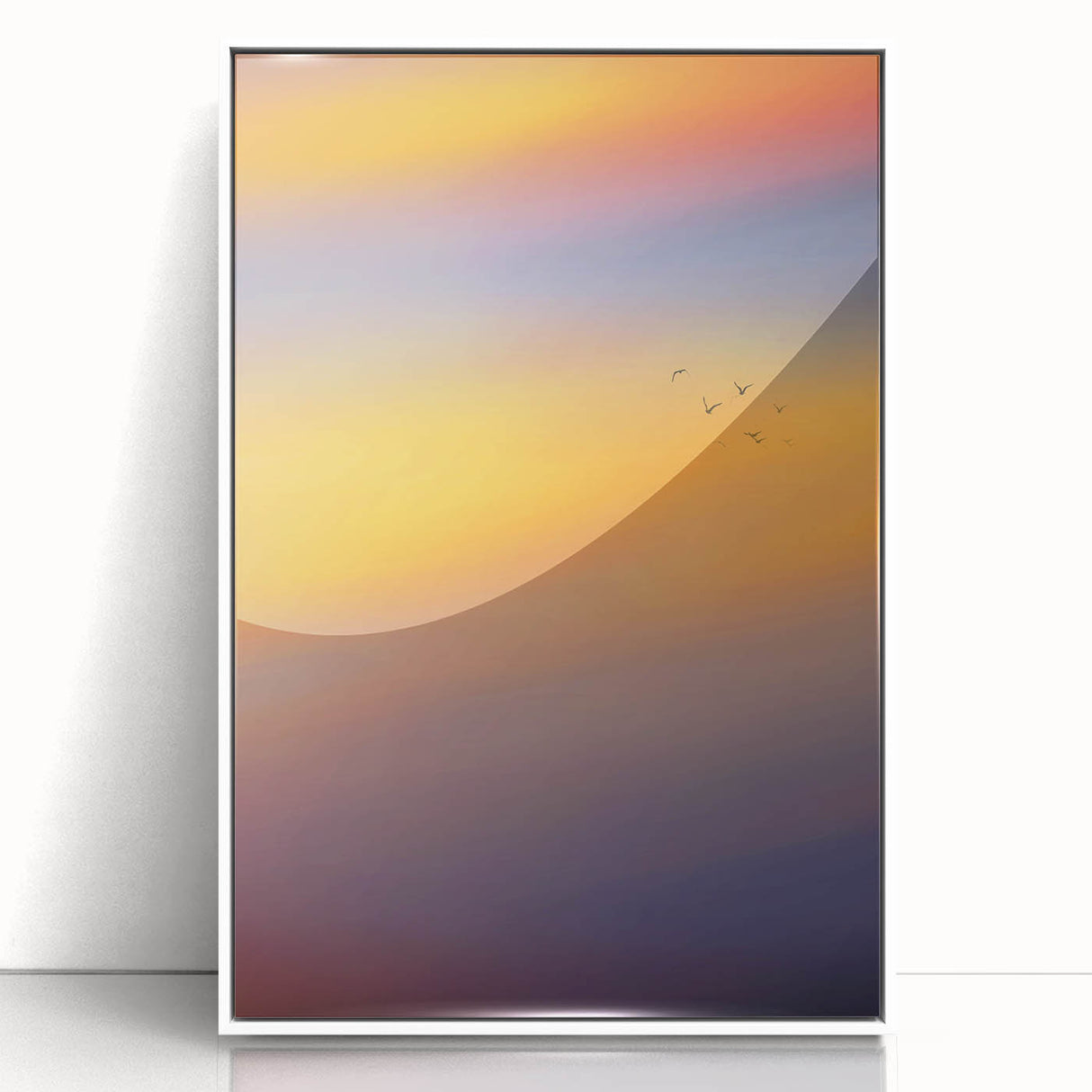 Abstract Minimalist Landscape Paintings – Birds in Sunset Gradient Sky