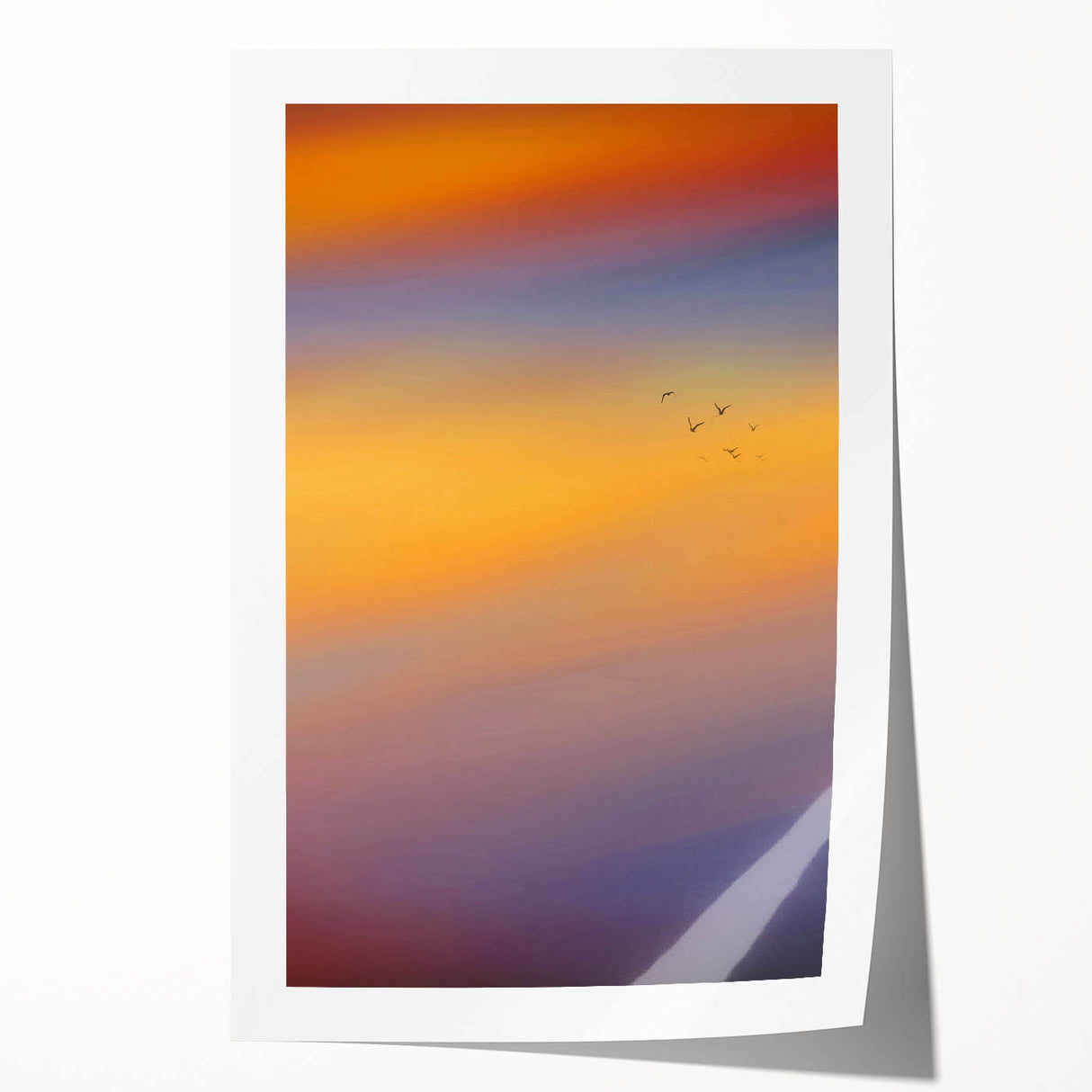 Abstract Minimalist Landscape Paintings – Birds in Sunset Gradient Sky