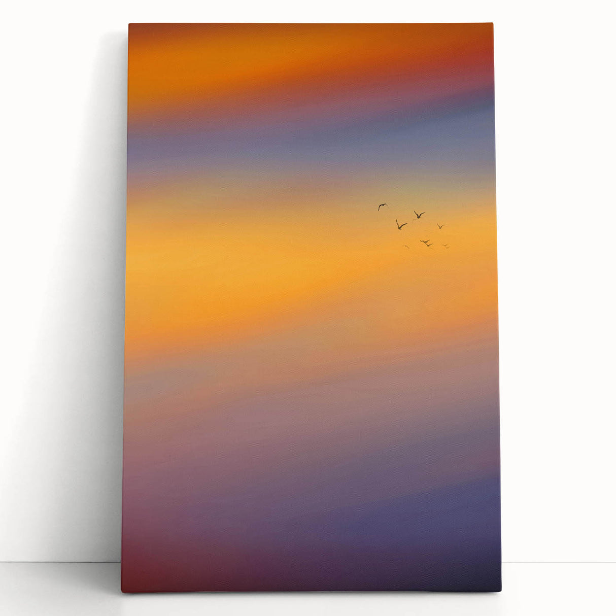 Abstract Minimalist Landscape Paintings – Birds in Sunset Gradient Sky