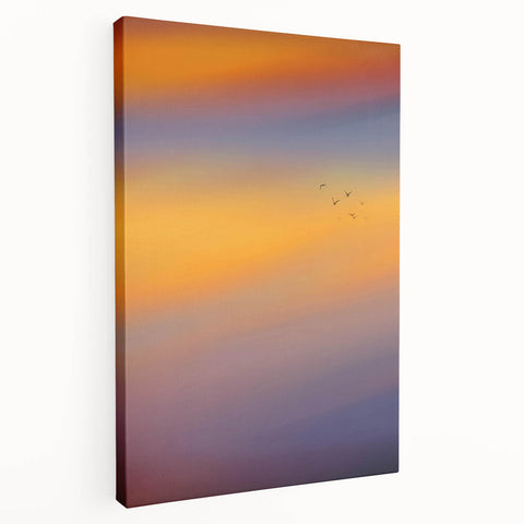 Abstract Minimalist Landscape Paintings – Birds in Sunset Gradient Sky