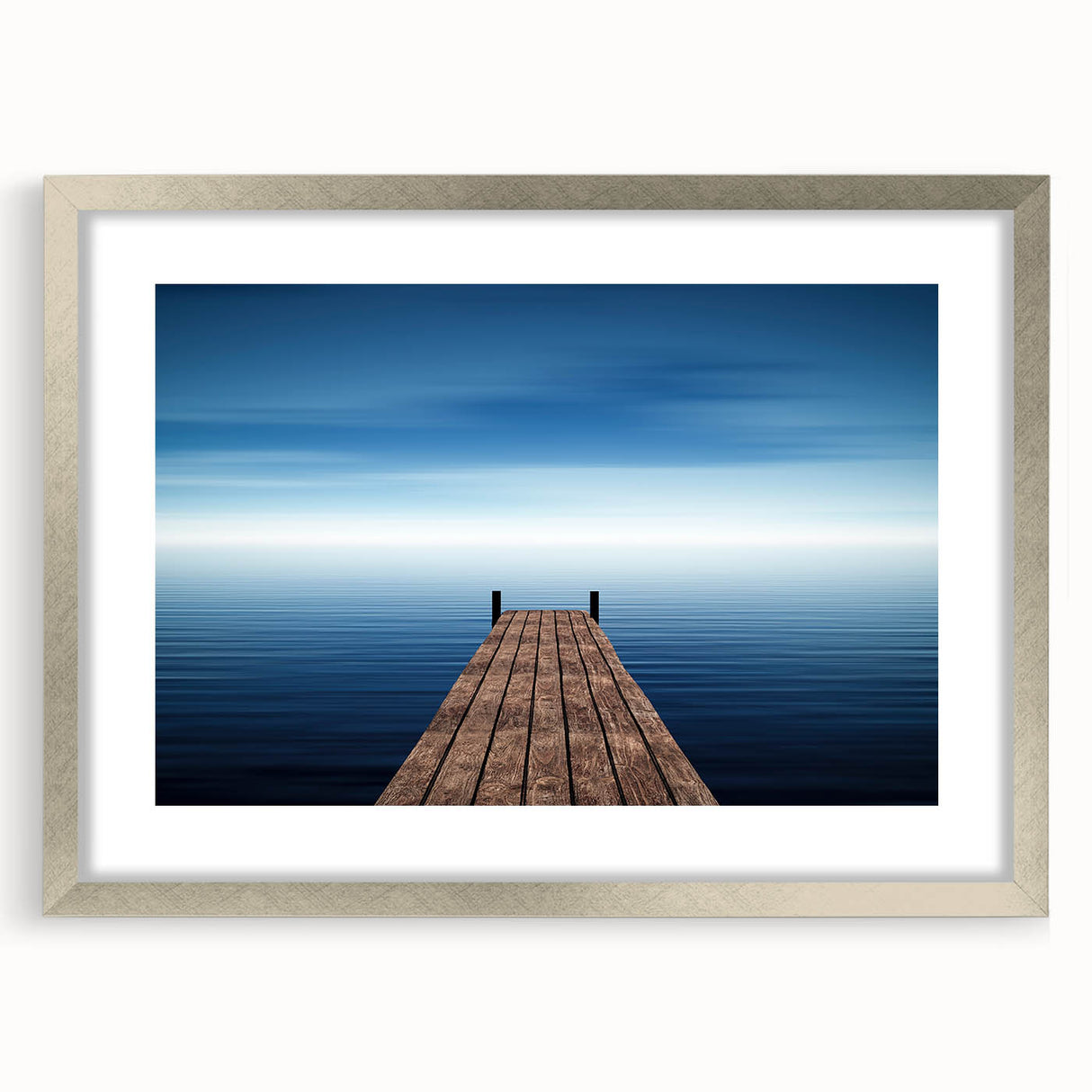 Minimalist Coastal Landscape Art – Wooden Pier Over Calm Blue Sea