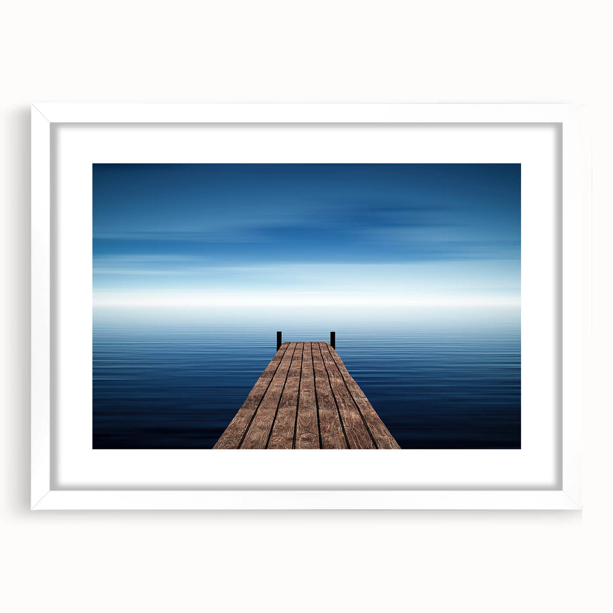 Minimalist Coastal Landscape Art – Wooden Pier Over Calm Blue Sea