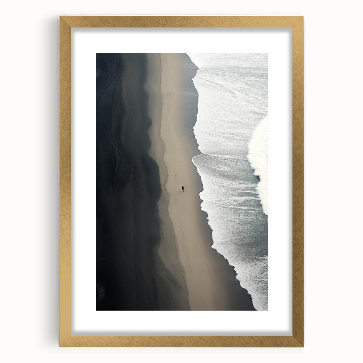 Lone Walker on Black Sand Beach – Minimalist Fine Art Photography