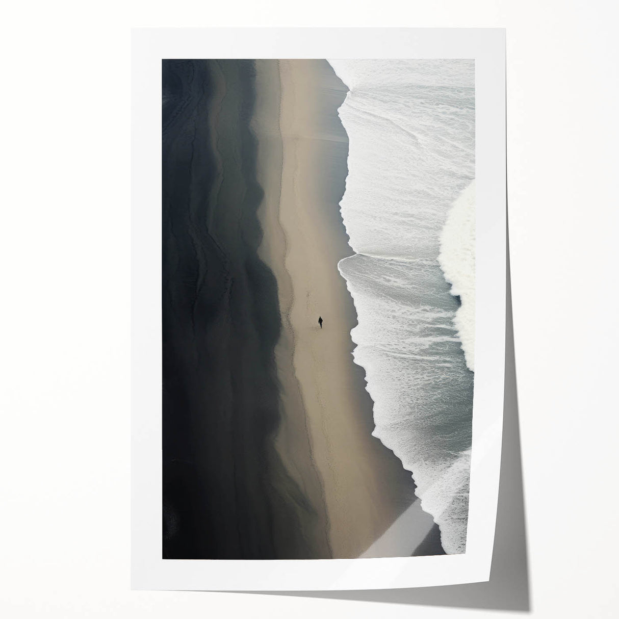 Lone Walker on Black Sand Beach – Minimalist Fine Art Photography