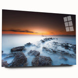 Minimalist Coastal Landscape Art – Sunset Mist Over Rocky Shoreline