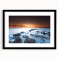 Minimalist Coastal Landscape Art – Sunset Mist Over Rocky Shoreline
