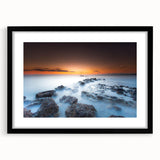 Minimalist Coastal Landscape Art – Sunset Mist Over Rocky Shoreline