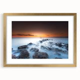 Minimalist Coastal Landscape Art – Sunset Mist Over Rocky Shoreline