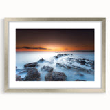 Minimalist Coastal Landscape Art – Sunset Mist Over Rocky Shoreline
