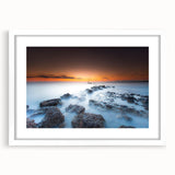 Minimalist Coastal Landscape Art – Sunset Mist Over Rocky Shoreline