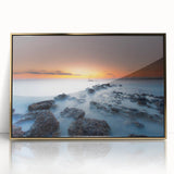 Minimalist Coastal Landscape Art – Sunset Mist Over Rocky Shoreline