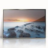 Minimalist Coastal Landscape Art – Sunset Mist Over Rocky Shoreline