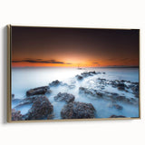 Minimalist Coastal Landscape Art – Sunset Mist Over Rocky Shoreline