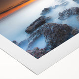 Minimalist Coastal Landscape Art – Sunset Mist Over Rocky Shoreline