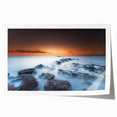 Minimalist Coastal Landscape Art – Sunset Mist Over Rocky Shoreline